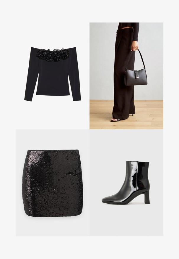 Haut noir à épaules dénudées avec manches longues, présentant une bordure florale texturée en velours noir le long de l'encolure.; Mini-jupe noire à sequins, avec une coupe ajustée, texture lisse et surface brillante, reflétant la lumière pour créer un intérêt visuel.; Bottines en cuir verni noir avec un bout pointu et un talon block de hauteur moyenne. Texture lisse et design minimaliste.; Sac à main noir à la forme structurée, texture lisse et fermoir métallique. Associé à un pantalon noir ample et des sandales ouvertes sur un sol en bois.