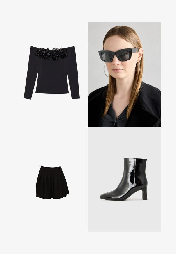 Top negru cu umeri goi, cu mâneci lungi, care prezintă o margine texturată din catifea neagră, decorată cu flori, la decolteu.; Fustă plisată neagră cu un brâu strâns și un detaliu cu un singur nasture. Materialul pare neted și ușor, conceput pentru o siluetă evazată.; Botine negre din piele lacuită, cu vârful ascuțit și toc bloc de înălțime medie. Textură netedă și design minimalist.; Ochelari de soare negri tip cat-eye cu lentile întunecate, rame groase și accente subtile. Purtați cu o haină neagră și un top gri, având părul lung și drept.