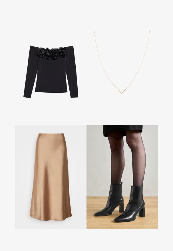 Svart off-the-shoulder topp med lange ermer, med et teksturert blomsterbeslag laget av svart fløyel langs utringningen.; Sateng midi-skjørt i en lys brun nyanse, med en glatt, flytende silhuett, en subtil glans og en lett utsvingt kant.; Sorte ankelstøvler i skinn med spiss tå, chunky firkantet hæl, og slank design. Har elastiske sidede paneler for enkel påføring.; Gullfarget halskjede med en tynn kjede og en V-formet anheng. Strømlinjet design med en jevn, polert overflate og minimal detaljer.
