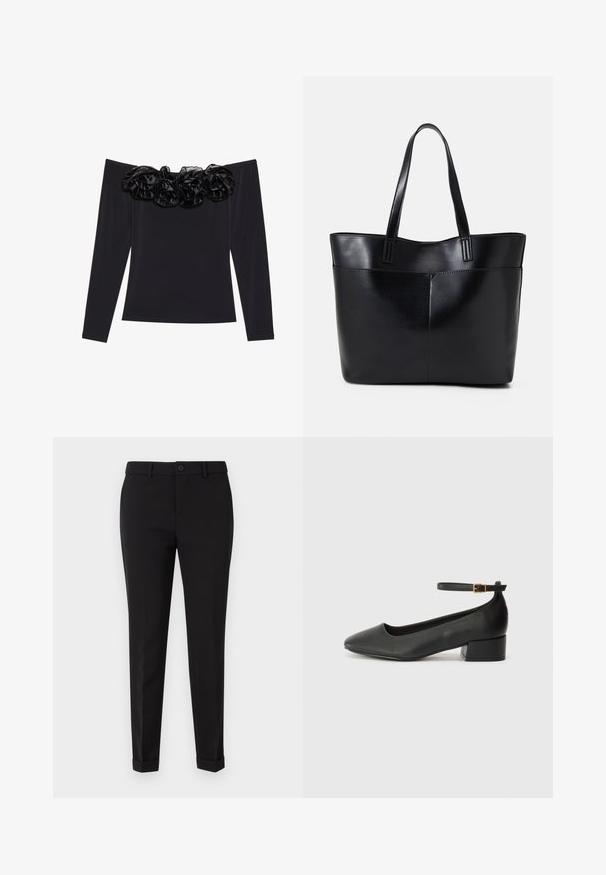 Czarna bluzka na ramiączkach z długimi rękawami, z teksturowanym, kwiatowym wykończeniem z czarnego aksamitu wzdłuż dekoltu.; Czarne spodni tailored wykonane z gładkiego materiału, z prostym przodem, kieszeniami bocznymi i podwiniętymi mankietami, co nadaje im zorganizowany wygląd.; Czarne skórzane szpilki z ostrym noskiem i niskim słupkowym obcasem. Wyposażone w pasek na kostkę z złotym zapięciem. Gładka tekstura.; Czarna skórzana torba na ramię z dwoma długimi uchwytami, gładką teksturą i sztywną formą. Posiada przednią kieszeń dla dodatkowego przechowywania.