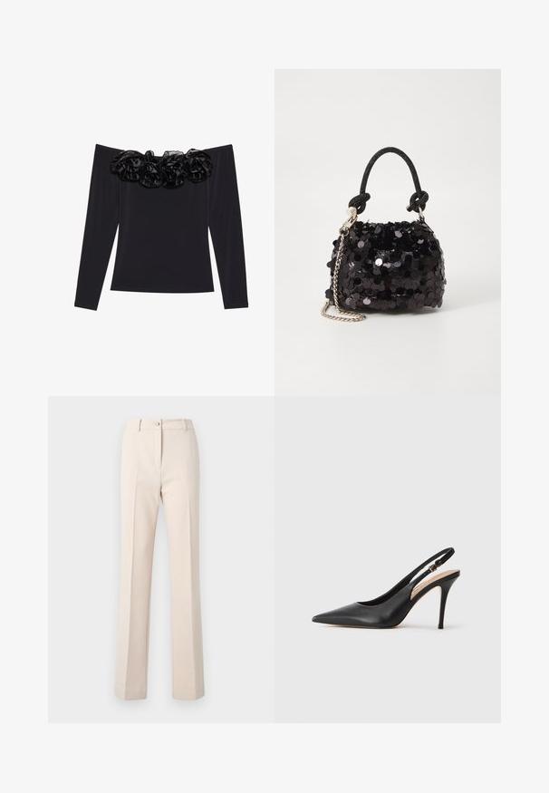 Čierny top bez ramienok s dlhými rukávmi, s textúrovaným kvetinovým lemom z čierneho zamatového materiálu pozdĺž výstrihu.; Béžové nohavice s rovnými nohami, so zapínaním na gombík, prednými skladmi a hladkým povrchom.; Čierna kožená sandálová topánka na vysokom podpätku s špicatou špičkou, hladkou textúrou a jemným remienkom s kovovou sponou.; Čierna mini kabelka so štrasom, s uzlovým textúrovaným popruhom a strieborným reťazom. Guľatý tvar s riaseným vrchom a reflexnými detailmi.