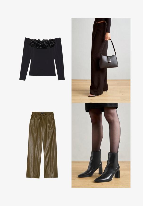 Zwarte off-the-shoulder top met lange mouwen, voorzien van een getextureerde bloemrijke rand van zwart fluweel langs de halslijn.; Olijfgroene neplederen wijde broek met een elastische tailleband en verstelbare trekkoord. Beschikt over twee zijzakken en een gladde textuur.; Zwarte leren enkellaarsjes met een spitse neus, stevige vierkante hak en een fraaie uitstraling. Beschikt over elastische zijpanelen voor gemakkelijke aan- en uittrekken.; Zwarte handtas met gestructureerde vorm, gladde textuur en een metalen sluiting. Gecombineerd met brede zwarte broeken en sandalen met open teen op een houten vloer.