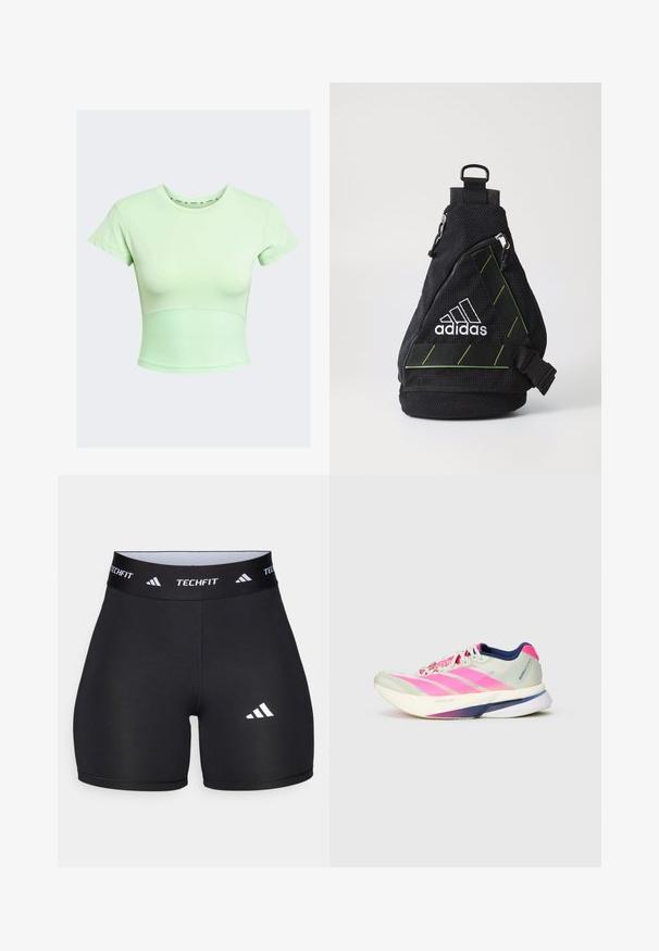 Lichtgroene, aansluitende crop top met korte mouwen, geribbelde textuur ter hoogte van de taille en een ronde halslijn. Bevat een subtiele merklogo.; Zwarte shorts van rekbaar materiaal met een getailleerd ontwerp. Beschikt over een brede zwarte tailleband met het label "TECHFIT" en een wit logo op het been.; Hardloopschoen met een lichtgewicht mesh bovenwerk in lichtgroen en roze strepen, paarse accenten en een dikke witte zool met de tekst "LIGHTSTRIKE PRO."; Zwarte stoffen schoudertas met een gestructureerd oppervlak, wit logo, groene accenten, verstelbare schouderriem en een voorvak met rits. Compacte en driehoekige vorm.