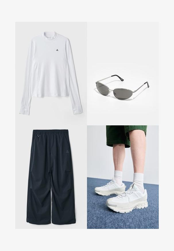 Biała koszula z długim rękawem i wysokim kołnierzem, z małym czarnym trójkątnym logo na piersi oraz fakturowanym materiałem.; Ciemnoniebieskie, szerokie spodnie z elastycznym paskiem w talii, z dwoma bocznymi kieszeniami i małym, trójkątnym logo po lewej stronie. Gładka tekstura.; Białe buty sportowe z teksturowanymi nakładkami, masywną podeszwą i szarymi akcentami. Nosi się je z białymi skarpetami do kostek i zielonymi szortami na niebieskiej powierzchni.; Okulary przeciwsłoneczne z elegancką, srebrną metalową ramą, szarymi soczewkami i aerodynamicznym kształtem z wyraźnymi krawędziami oraz cienkimi zausznikami.