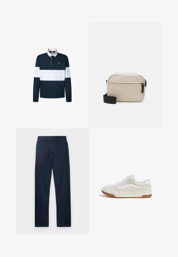Μπλέ και λευκή μακριά μπλούζα polo με κολάρο, αντίθετες ρίγες και μικρό κεντημένο λογότυπο στο στήθος.; Μπλε ναυτικό παντελόνι από μείγμα βαμβακιού με ευθεία γραμμή, προσκολλημένο με κουμπί και βρόχους ζώνης, λεία υφή και χωρίς ορατά σχέδια.; Ανδρικά αθλητικά παπούτσια σε ανοιχτό γκρι σουέτ με λευκές κορδόνες, καουτσούκ σόλα σε καφέ γκιουμ, με ραμμένα σχέδια και διάτρητες λεπτομέρειες.; Κρεμώδης κοτλέ τσάντα χιαστί με μαύρο φερμουάρ, αποσπώμενο λουρί και υφή. Διαθέτει μία κύρια θήκη και μπροστινή τσέπη.