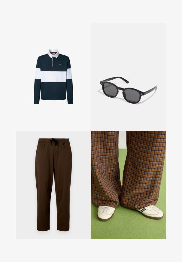 Navy and white long-sleeve polo shirt with a collared neck, contrasting stripes, and a small embroidered logo on the chest.; Brown cotton pants with a drawstring waist, two side pockets, and a relaxed fit. Smooth texture and straight-leg design.; Brown and blue plaid wide-leg trousers paired with white shoes featuring black accents and textured soles, set against a green background.; Black oval sunglasses with dark lenses, thick frames, and silver dot accents on the sides. Smooth plastic material, contemporary design.