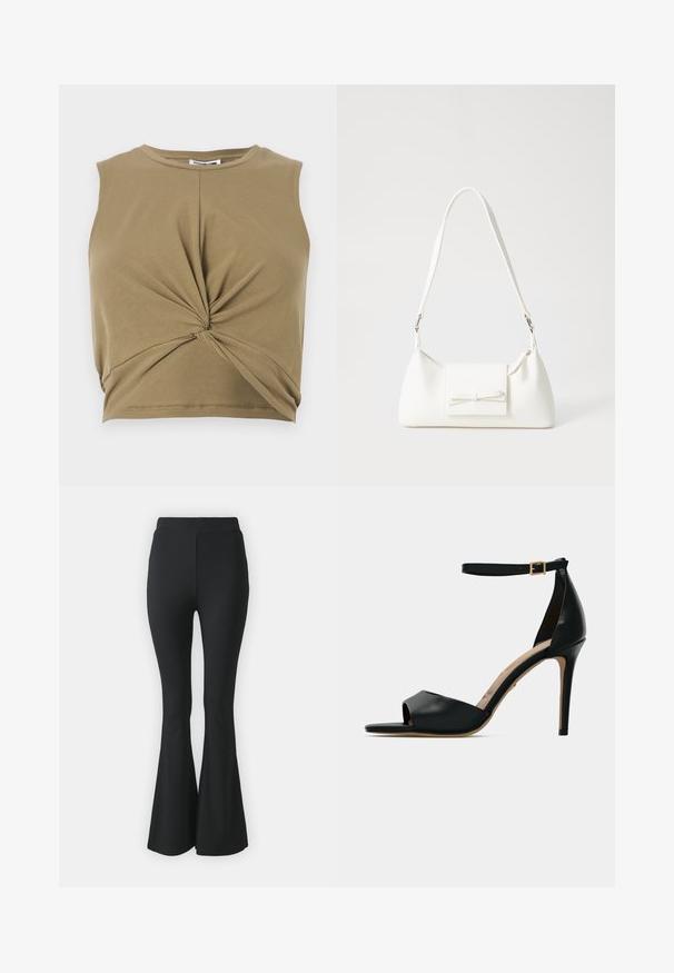 Khaki brezrokavni crop top iz mehkega blaga, z zasukanim sprednjim delom in krožnim ovratnikom za prilegajočo silhueto.; Črne razširjene hlače, narejene iz raztegljive tkanine. Imajo visok pas in gladek, oprijet dizajn, ki se razširi od kolena navzdol.; Črne sandale na visoki peti z odprtim prstom, gladek usnjen zgornji del, zapenjanje okoli gležnja z zlatim sponko in bež podplat.; Bela sintetična torbica v obliki trikotnika, z ravnim sprednjim poklopcem in detajlom mašne, nastavljivim trakom, gladko teksturo in minimalističnim dizajnom.