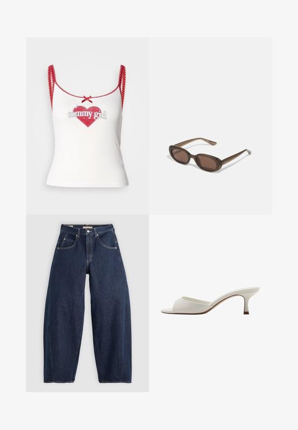 Witte tanktop met rode details, voorzien van een hartvormige graphic en de tekst "tommy girl". Rode schouderbanden met geschulpte randen en een strikaccent.; Donkerblauwe denim jeans met een losse fit, lichte stiksels, vijf zakken en een knoopsluiting op de taille.; Witte open-toed hoge hakken met een gladde afwerking, minimalistisch ontwerp en een slanke hak, met een subtiele bruine accent op de zool.; Brown ovalen zonnebrillen met donkere lenzen. Het montuur is gemaakt van doorzichtig bruin materiaal en heeft een logo dat op de slapen is gedrukt.; Groeneleren handtas met een gladde textuur, gebogen vorm en gevlochten handvat. Beschikt over een ritsluiting en een verstelbare schouderband.