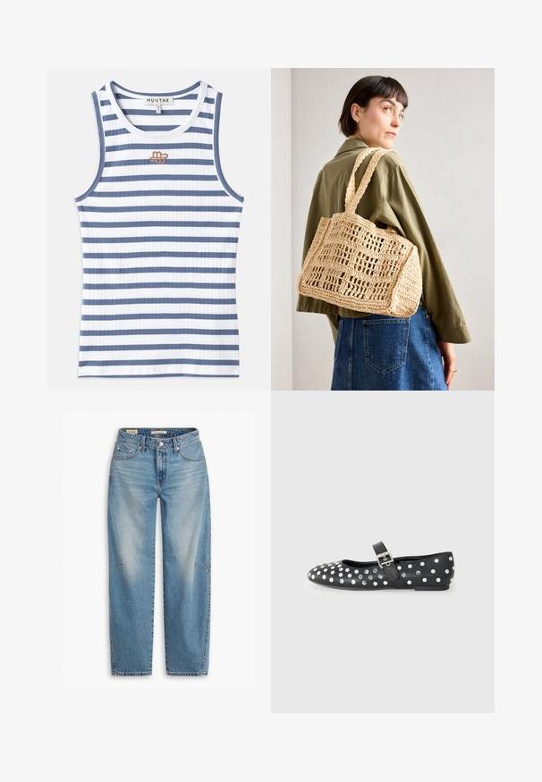 Stripet tank topp med vekslende blå og hvit ribbet stoff. Designet inkluderer en liten brun logo på brystet og blå kant rundt halsåpningen.; Lyseblå høy midje jeans, med rett ben-design, klassisk fem-lomme stil og subtil falming på frontpanelene.; Svarte lær flate sko med rund tå, som har sølvnitter i et prikkete mønster og en spenne på tvers av foten.; Brunvevd krokveske med rektangulær form, to brede håndtak og et åpent rutenettmønster. Designet har teksturert stoff og et romslig indre.