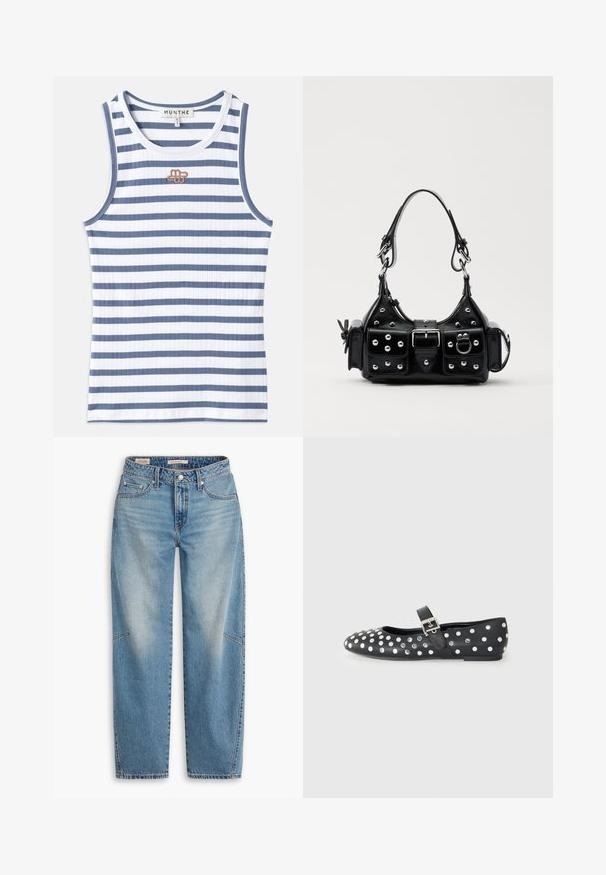 Raidallinen hihaton paita, jossa on vuorotellen sinistä ja valkoista ribbikangasta. Suunnittelussa on pieni ruskea logo rinnassa ja sininen reunus kauluksessa.; Vaaleansiniset farkut, joissa on väljä istuvuus, suorat lahkeet, nappikiinnitys ja viiden taskun tyyli, joissa on hienovarainen haalistuminen ja kirjontadetaljit.; Musta nahkakengät tasapohjalla, pyöreällä kärjellä, hopeisilla niiteillä pistekuviossa ja solkivetoketjulla jalan päällä.; Musta nahkainen käsilaukku, jossa on kaareva muotoilu, hopeiset niitit, solki ja kaksi sivutaskua. Säädettävä olkahihna erilaisiin kantovaihtoehtoihin.