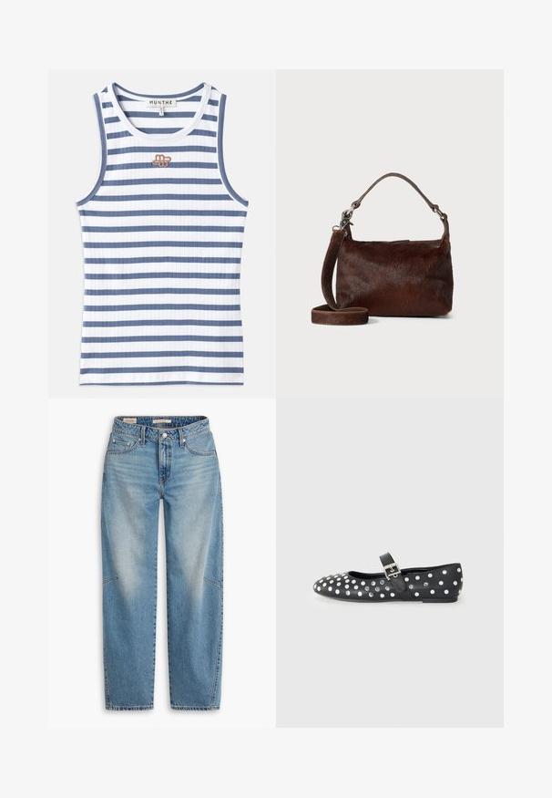 Striped tank top featuring alternating blue and white ribbed fabric. The design includes a small brown logo on the chest and blue trim at the neckline.; Light blue denim jeans featuring a loose fit, straight leg design, button fly, and five-pocket styling with subtle fading and stitching details.; Black leather flat shoe with a round toe, featuring silver studs in a dotted pattern and a buckle strap across the instep.; Brown leather handbag with a soft, textured fur-like exterior, slim design, a short handle, and a detachable strap.