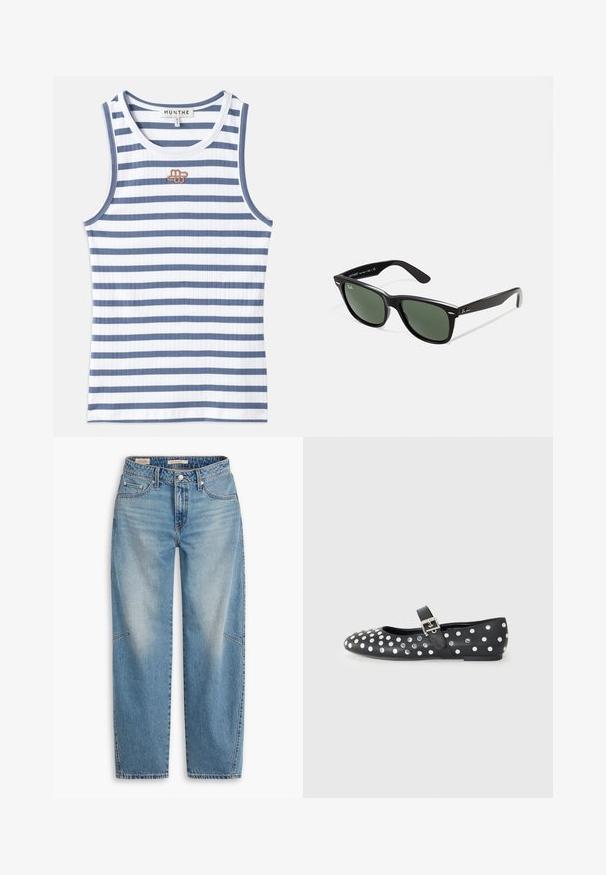 Randig linne med växlande blå och vit ribbad textil. Designen inkluderar en liten brun logotyp på bröstet och blåa kantningar vid halsringningen.; Ljusblå denimjeans med lös passform, raka ben, knappgylf och fem fickor samt subtila blekningseffekter och sömnadsdetaljer.; Svart läder platt sko med rund tå, utrustad med silverfärgade nitar i ett prickigt mönster och ett spännrem över fotens ovansida.; Svarta plastsolglasögon med gröna linser, fyrkantiga bågar, silverdetalj på ögonbrynet och texturerade skalmar. Angiven märkning på den inre skalmen.