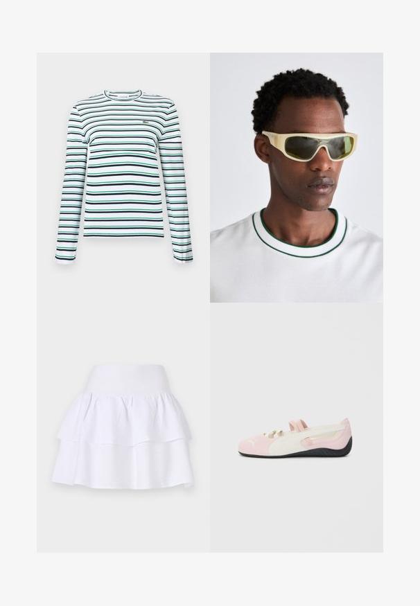 Majica dugih rukava, s reakcijom ovratnikom, u bijeloj boji s horizontalnim prugama u mornarsko plavoj i zelenoj. Sadrži mali izvezeni logo na prsima.; Bijela suknja s višeslojnim dizajnom izrađena od lagane tkanine, koja ima lepršavi oblik, elastičnu gumicu u struku i dva volančića.; Roze suède cipele na vezivanje s bijelim akcentima, gumeni potplat i elastične trake. Imaju teksturirani dizajn i mali logo sprijeda.; Naočale sa prozirnim žutim okvirom i zelenim staklima. Angulirani dizajn s širokim ručkama, nosi se s bijelom košuljom koja ima zelene akcentne detalje.; Platnena torba u svijetloj bež boji s dva čvrsta ručka, kontrastnim bijelim rubom i logotipom "THE NORTH FACE" u crnoj boji na prednjoj strani.