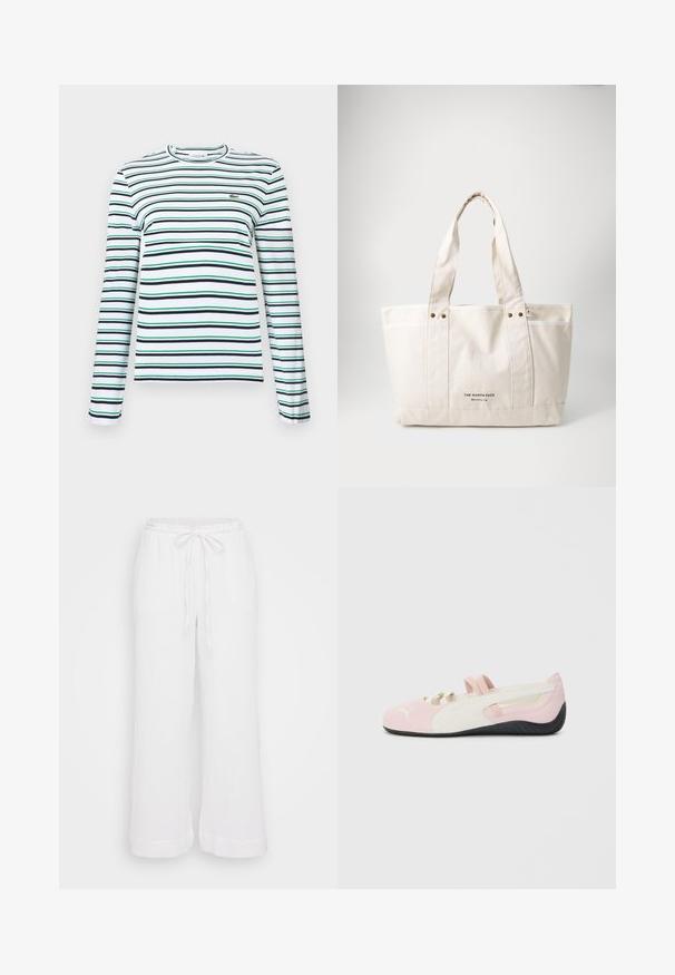Majica z dolgimi rokavi in krožnim izrezom v beli barvi z vodoravnimi črtami v mornarsko modri in zeleni barvi. Ima majhen vezena logotip na prsih.; Bela, lahka, bombažna gaza hlače z ohlapnim krojem, elastičnim pasom, zavezovanjem in širokimi nogami. Teksturiran material.; Roza semiš lahka čeveljka z belimi detajli, gumijastim podplatom in elastikami. Ima strukturirano zasnovo in majhen logotip spredaj.; Platnena torba v svetlem bežnem odtenku z dvema trdnima ročajema, kontrastnim belim robom in logotipom "THE NORTH FACE" v črni barvi na sprednji strani.