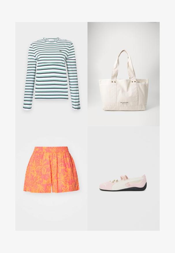 Biela košeľa s dlhým rukávom a okrúhlym výstrihom s horizontálnymi pruhmi v námorníckej modrej a zelenej farbe. Na hrudi má malé vyšívané logo.; Ružové a oranžové šortky s kvetinovým vzorom, vybavené elastickým pásom a plisé dizajnom. Vyrobené z ľahkej tkaniny, s malým bočným akcentom.; Ružové semišové slip-on topánky s bielymi akcentmi, gumovou podrážkou a elastickými pásikmi. Obsahujú textúrovaný dizajn a malé logo na prednej strane.; Plátená taška v svetlosivobéžovej farbe s dvoma pevnýmii rúčkami, kontrastným bielym lemovaním a logom "THE NORTH FACE" v čiernej farbe na prednej strane.