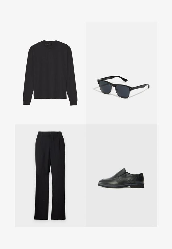T-shirt a maniche lunghe nera realizzata in morbido cotone. Presenta un collo a giro e polsini a costine, con una vestibilità comoda e senza stampe o grafiche.; Only & Sons ONSJEREMY LOOSE PANT - Pantaloni - black; Scarpa nera in pelle con inserto scivolare, superiore liscio, dettagli cuciti, punta arrotondata e tacco in gomma basso. La suola presenta un battistrada minimale.; Occhiali da sole neri con forma rettangolare, lenti scure, dettagli in argento alle tempie e finitura opaca sulla montatura.
