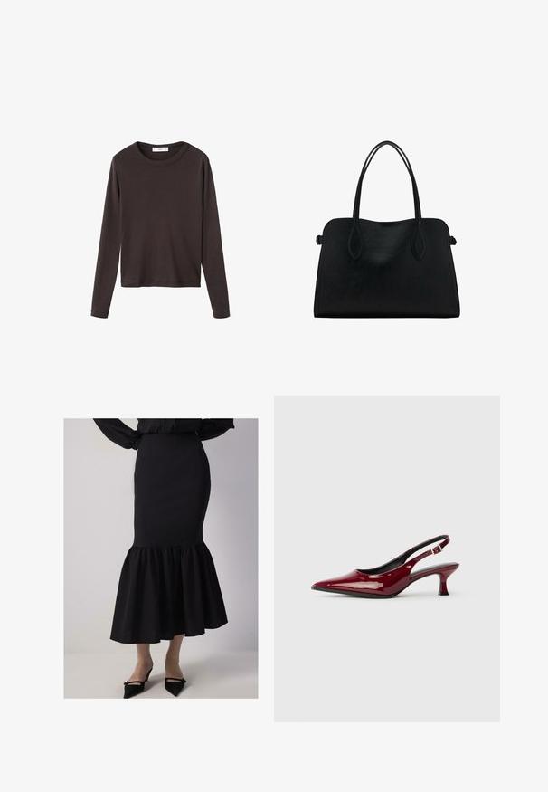 Braunes Langarm-T-Shirt mit Rundhalsausschnitt und einem glatten, dehnbaren Baumwollstoff; zeichnet sich durch einen lässigen Schnitt und ein schlichtes Design aus.; Schwarzer Meerjungfrauenrock mit taillierter Passform, ausgestelltem Saum und strukturiertem Stoff. Endet knapp unter dem Knie mit Rüschendetail am Saum.; Burgunderfarbene Lackleder Slingback-Absätze mit spitzem Zehenbereich und schlankem Stiletto-Absatz. Offenes Rückendesign mit verstellbarem Knöchelriemen.; Schwarze Lederhandtasche mit zwei Schulterriemen, rechteckiger Form und minimalistischem Design auf weißem Hintergrund.