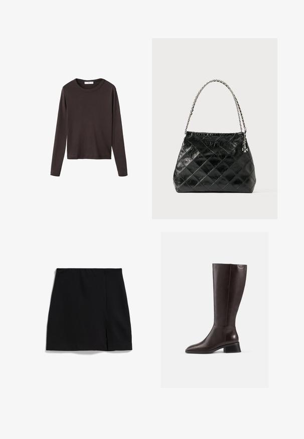 T-shirt marron à manches longues avec un col rond et un tissu en coton lisse et extensible ; présente une coupe décontractée et un design simple.; Mini-jupe noire en tissu lisse, avec une fente sur le côté et une taille élastique pour le confort. Design simple et épuré.; Bottes en cuir marron arrivant au genou avec une finition lisse, bout rond et un talon empilé noir. Design simple avec des détails matériels minimaux.; Sac à main en cuir matelassé noir avec une poignée en chaîne argentée, présentant un design structuré et une texture lisse.