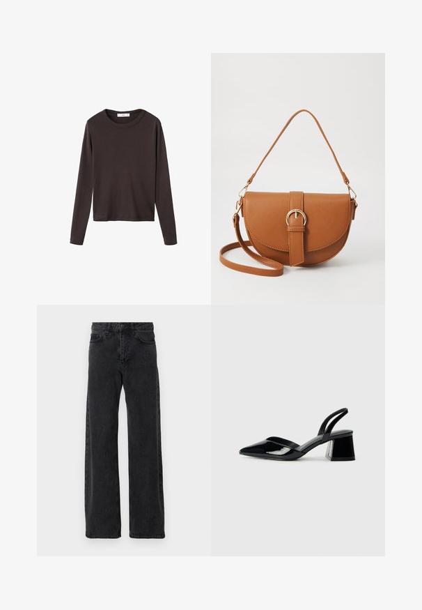 Brown long-sleeve t-shirt with a round neckline and a smooth, stretchy cotton fabric; features a relaxed fit and simple design.; Black denim jeans with a wide-leg design, featuring a classic five-pocket style, button closure, and subtle fading.; Black patent leather slingback heels with a pointed toe and a geometric block heel. Features a sleek, minimal design and smooth texture.; Brown leather crossbody bag with a curved shape, gold hardware, and a buckle accent. Features a detachable shoulder strap.
