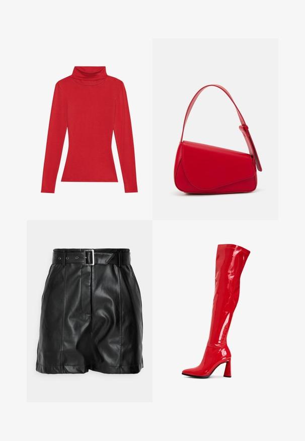 Anna Field LONG SLEEVED TOP WITH WOOL CONTENT - Top s dlouhým rukávem - red; Černé kožené šortky s hladkým povrchem, vysokým pasem a širokým pásem se čtvercovou stříbrnou sponou. Přední část se sklady.; Červené lakované kozačky nad kolena s špičatou špičkou a výrazným blokovým podpatkem. Disponují lesklým povrchem a švy podél svršku.; Červená kožená kabelka s ostrým, geometrickým designem. Má jeden nastavitelný popruh a klopu s prošívanými detaily.