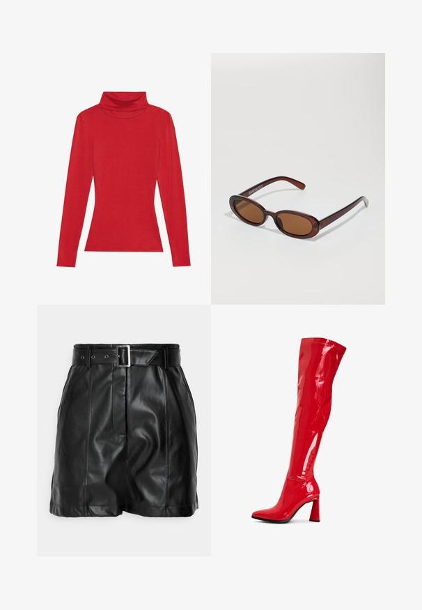 Anna Field LONG SLEEVED TOP WITH WOOL CONTENT - Bluză cu mânecă lungă - red; Pantaloni scurți negri din piele cu o textură netedă, talie înaltă și o curea lată cu o cataramă rectangulară din argint. Design pliat în față.; Cizmă din piele patent roșie, până la genunchi, cu vârf ascuțit și toc masiv îndrăzneț. Prezintă un finisaj lucios și detalii cu cusături de-a lungul șanțului.; Ochelari de soare rotunzi, cu nuanțe de brown și cu un cadru lucios de burgund. Brațe subțiri cu detalii subtile de branding. Design cu lentile plate.