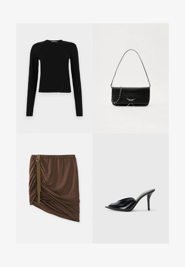 Juodas ilgarankovis trumpas viršus, pagamintas iš minkštos medžiagos, su apvaliomis iškirpėmis ir šiek tiek asimetriniu buvimu, su subtiliu logotipo akcentu.; Ruda iki kelio sijonas, pagamintas iš minkštos, lengvos medžiagos; turi rauktų detalių ir šoninio diržo su metaliniu žiedo akcentu.; Juodos odinės aukštakulnės mules su atvira pirštine, smailiu dizainu, lygiu paviršiumi ir plonu stiletto kulnu.; Juodas odinis delninukas su sidabro spalvos grandinele, papuoštas dekoratyviniais sparnų akcentais ir balta siūle apačioje.
