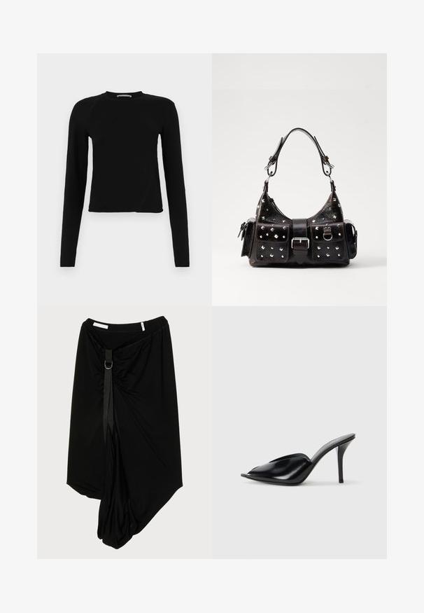 Zwarte lange mouwen crop top van zachte stof, met een ronde halslijn en een licht asymmetrische zoom met een subtiele logo-detail.; Zwarte asymmetrische rok van zachte stof, met een geplooide voorkant, een decoratieve band en een metalen ringaccent.; Zwarte leren muiltjes met hoge hakken, open teen, spitse vorm, gladde textuur en een slanke stiletto-hak.; Zwarte lederen handtas met gestikte accenten, rechthoekige vorm, twee voorkantzakken en een gebogen bovenhandvat. Sluitingen met een gesp en drukknoop.