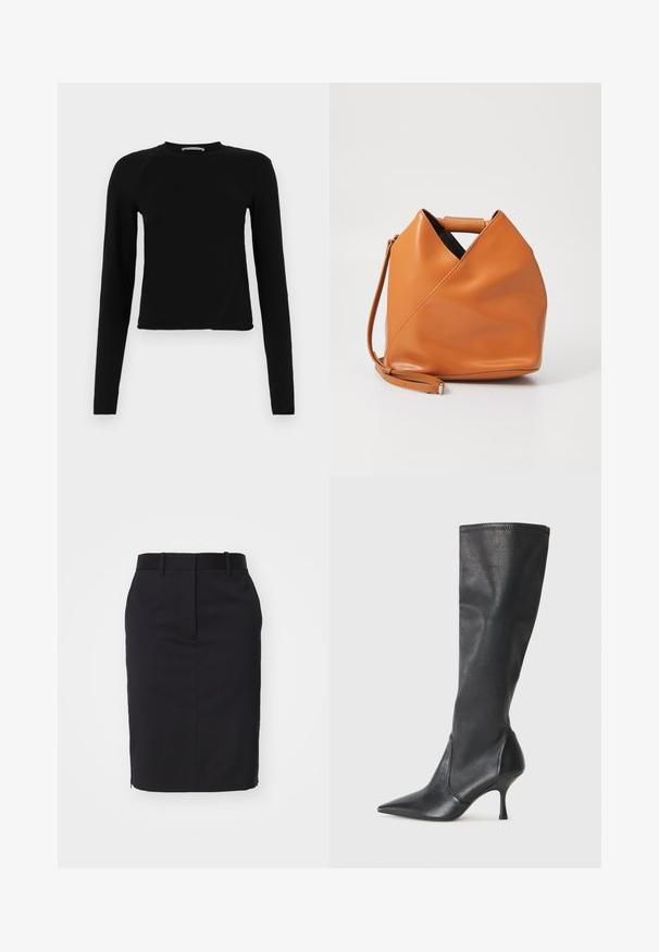 Black long-sleeve crop top made of soft fabric, featuring a round neckline and a slightly asymmetric hem with a subtle logo detail.; Black pencil skirt with a fitted design, made of smooth fabric. Features a waistband and a slit at the back for ease of movement.; Knee-high black leather boots with a pointed toe and a slim stiletto heel. Smooth texture with a fitted design and stitching at the top edge.; Tan leather handbag with unique triangular fold design, top handle, and detachable shoulder strap on white background.