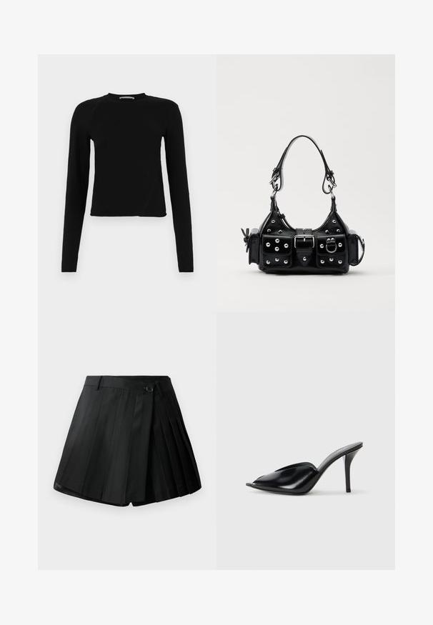 Mustassa pitkähihhaisessa crop-topissa on pehmeä kangas, pyöreä pääntie ja hieman epäsymmetrinen helma, jossa on hillitty logodetail.; Mustat, pleatatut shortsit, joissa on tasaista etuosaa, nappisuljenta ja kevyttä kangasta. Koristeltu terävillä pleateilla ja siistillä helman viimeistelyllä.; Musta nahkainen korkeakorkoinen mules-malli, avoimella varpaalla, terävä muotoilu, sileä pinta ja kapea stilettokorko.; Musta nahkainen käsilaukku, jossa on kaareva muotoilu, hopeiset niitit, solki ja kaksi sivutaskua. Säädettävä olkahihna erilaisiin kantovaihtoehtoihin.