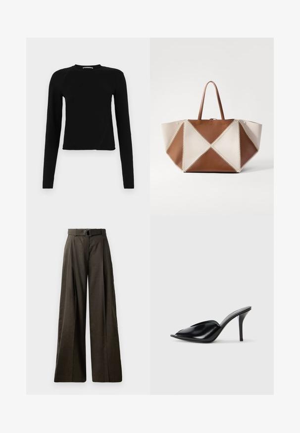 Zwarte lange mouwen crop top van zachte stof, met een ronde halslijn en een licht asymmetrische zoom met een subtiele logo-detail.; Hooggewaisted, wijde broek in donkerbruine stof met een soepel textuur. Bevat een bijpassende riem met een ronde gesp en geplooid ontwerp.; Zwarte leren muiltjes met hoge hakken, open teen, spitse vorm, gladde textuur en een slanke stiletto-hak.; Nanushka THE ORIGAMI LARGE - Shopper - off white/tan/creme