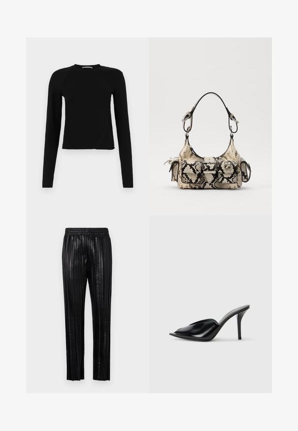 Fekete, hosszú ujjú crop top, puha anyagból készült, kerek nyakkivágással és enyhén aszimmetrikus szegéllyel, finom logó részlettel.; Fekete bőrnadrág, ráncolt szárral, elasztikus derékpánttal és egyenes szabással, függőleges barázdákkal a textúra érdekében.; Fekete bőr, nyitott orrú, hegyes kialakítású, sima textúrájú, és karcsú tűsarokkal rendelkező magassarkú mules.; Python mintás, bézs és fekete kézitáska, amelynek struktúrált formája, csatt részlete és dupla vállpántja van. Texturált felület.