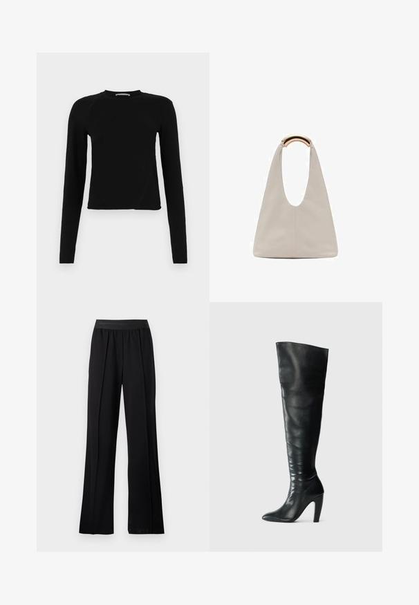 Schwarzes Langarm-Crop-Top aus weichem Stoff mit einem runden Ausschnitt und einem leicht asymmetrischen Saum sowie einem dezenten Logo-Detail.; Schwarze weit geschnittene Hose aus glattem Stoff mit einem dehnbaren Bund. Verfügt über Falten für zusätzliches Volumen und Fluss, ohne sichtbare Muster oder Akzente.; Schwarze Lederstiefel über dem Knie mit einer figurbetonten Passform, spitzer Zehenform und hohem Absatz. Glatte Textur und minimalistischer Stil.; Hellgraue Lederhandtasche mit einem U-förmigen Design und einem geschwungenen, metallischen Griff. Glatte Textur mit minimalen Nähten und ohne sichtbare Muster.