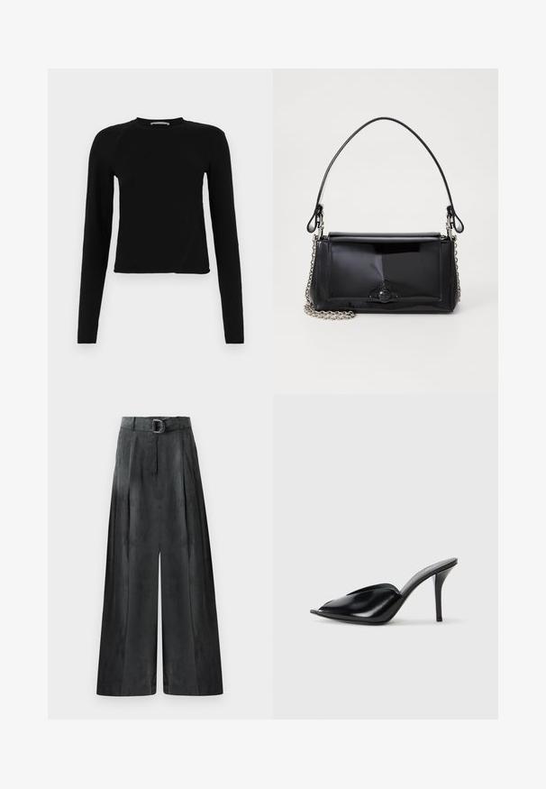 Must have pikkade varrukatega must lühike top, mis on valmistatud pehmest kangast. Sellel on ümar kaelus ja veidi asümmeetriline hem, millel on peen logo detail.; Tumed hallid laiad püksid, mis on sileda tekstuuriga, voltidega ja kõrge vöökoht, millel on hõbedane pandla.; Mustad nahast kõrge kontsaga mulad avatud varbaga, terava disainiga, siledapinnalised ja kitsaste stilettokontsadega.; Mustmust mustkott mustmust mustkott, millel on ristkülikukujuline kuju, kettstrap ja silmapaistev viimistlusaktsent keskel. Sile tekstuur.