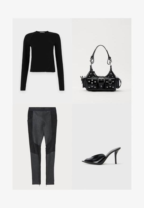 Crop top noir à manches longues fabriqué en tissu doux, avec un col rond et un ourlet légèrement asymétrique, agrémenté d'un logo subtil.; Pantalons noirs alliant des textures en suède et en denim. Coupe slim avec poches latérales et zips aux chevilles. Surface lisse avec des panneaux distincts.; Mules à talons hauts en cuir noir, avec un design à bout ouvert, pointu, texture lisse et un fin talon aiguille.; Sac à main en cuir noir au design courbé, avec des clous en argent, une boucle et deux poches latérales. Bandoulière réglable pour différentes options de transport.