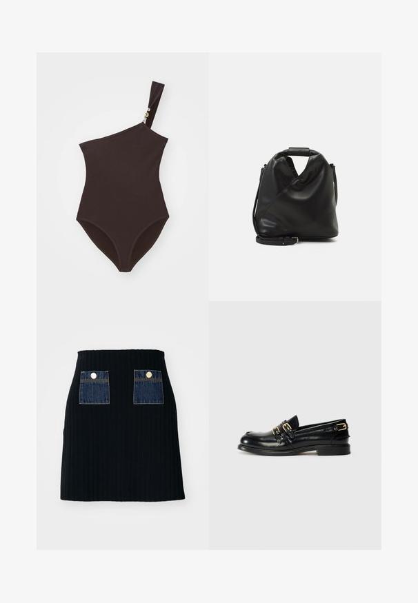 Maillot de bain marron à une épaule en tissu côtelé avec un accent doré sur la bretelle. Présente une taille haute et un design ajusté.; Mini-jupe noire côtelée avec taille cintrée, dotée de deux poches en denim bleu à l'avant avec des accents de boutons argentés.; Mocassins en cuir noir avec une finition brillante, dotés de deux boucles dorées et d'un talon bas. Texture lisse avec un design à bout arrondi.; Sac en cuir noir et doux avec un design torsadé unique. Doté d'une courte poignée et d'une bandoulière amovible. Style minimaliste.