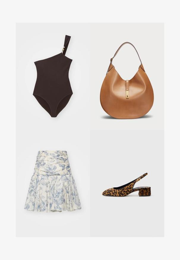 Brun ensidig badedragt lavet af ribbet stof med en guldaccent på stroppen. Har en højudskæring i benene og en tætsiddende pasform.; Letvt blomster nederdel i creme og blå, med en rynket talje og plisseret design, lavet af et blødt stof med subtil tekstur.; Kvinders slingback sko i leopardmønster med lav blokhælh og guldspænde på siden, vist i sideprofil på ensfarvet baggrund.; Tan lædertaske med en buet form og en bred skulderrem. Har et guld metalaccent i midten og en glat overflade.