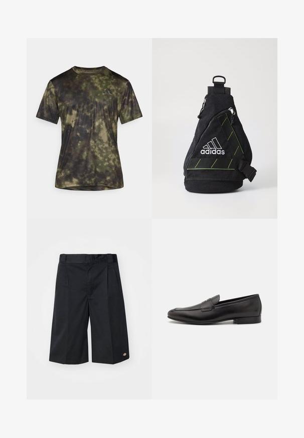 adidas Performance SEA TEE - T-Shirt sport - olive strata; Pantaloni corti neri con un design su misura, caratterizzati da pinces frontali piatte, una vita standard e tasche laterali. Realizzati in tessuto resistente.; Mocassini in pelle nera con un design elegante, punta rotonda e tacco basso impilato. Presentano un dettaglio decorativo cucito sulla parte superiore.; Borsa a tracolla nera in tessuto con superficie testurizzata, logo bianco, dettagli verde, tracolla regolabile e tasca frontale con zip. Forma compatta e triangolare.