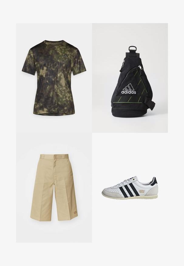adidas Performance SEA TEE - Sporta krekli - olive strata; Beige kokvilnas kuloti ar pielāgotu dizainu, ar augstu vidukli, sīkiem pūtumiem un redzamām šuvēm. Iekļauts mazs uzraksts uz apakšmalas.; Balti sporta apavi ar melnām svītrām un zelta zīmolu. Izgatavoti no zamšādas un ādas, ar perforētu augšdaļu un teksturētu gumijas zoli.; Melns auduma plecu soma ar teksturētu virsmu, balto logo, zaļiem akcentiem, regulējamu siksnu un priekšējo kabatu ar rāvējslēdzēju. Kompakta un trīsstūrveida forma.