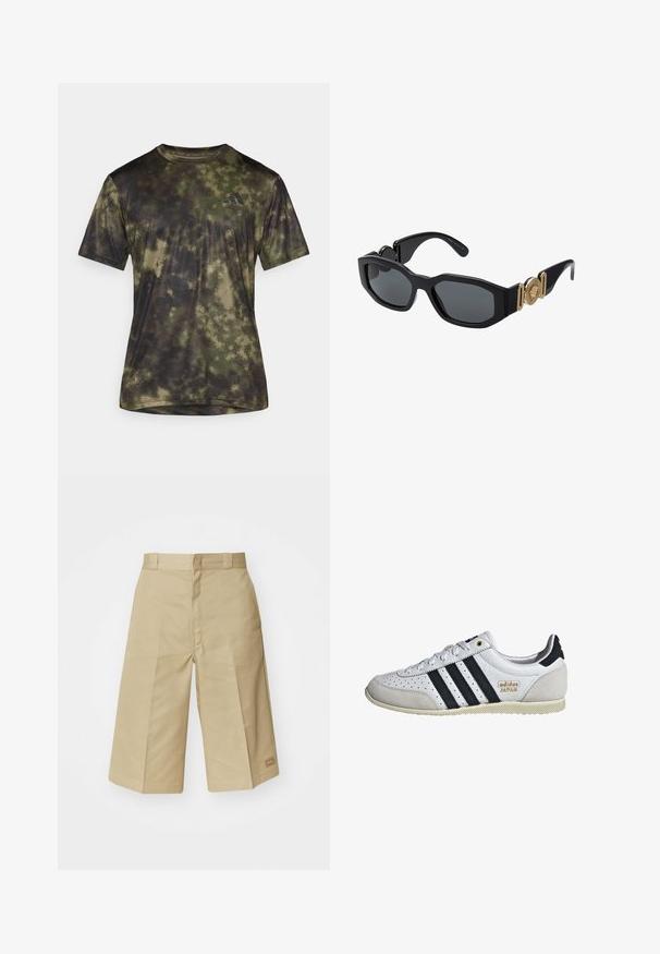 adidas Performance SEA TEE - T-shirt de sport - olive strata; Culottes en coton beige au design ajusté, avec une taille haute, des plis et des coutures visibles. Inclut un petit logo sur l'ourlet.; Baskets blanches avec des rayures noires et une marque dorée. Composées de matériaux en daim et en cuir, avec une tige perforée et une semelle en caoutchouc texturé.; Lunettes de soleil noires avec une monture géométrique épaisse, des verres sombres et des accents métalliques dorés sur les branches, comportant un détail d'emblème rond.