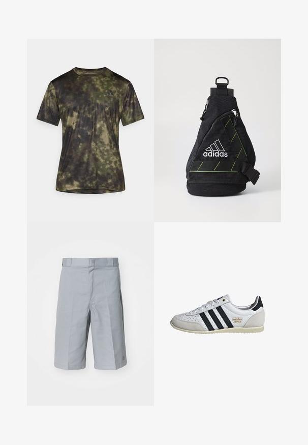 adidas Performance SEA TEE - Sportovní tričko - olive strata; Světlé šedé šortky vyrobené z pevné tkaniny, s rovný střih, pasem s poutky na opasek a jemnými sklady.; Bílé tenisky s černými pruhy a zlatým logem. Mají semišové a kožené materiály, perforovaný svršek a texturovanou gumovou podrážku.; Černá textilní taška přes rameno s texturovaným povrchem, bílým logem, zelenými akcenty, nastavitelným popruhem a přední kapsou na zip. Kompaktní a trojúhelníkový tvar.