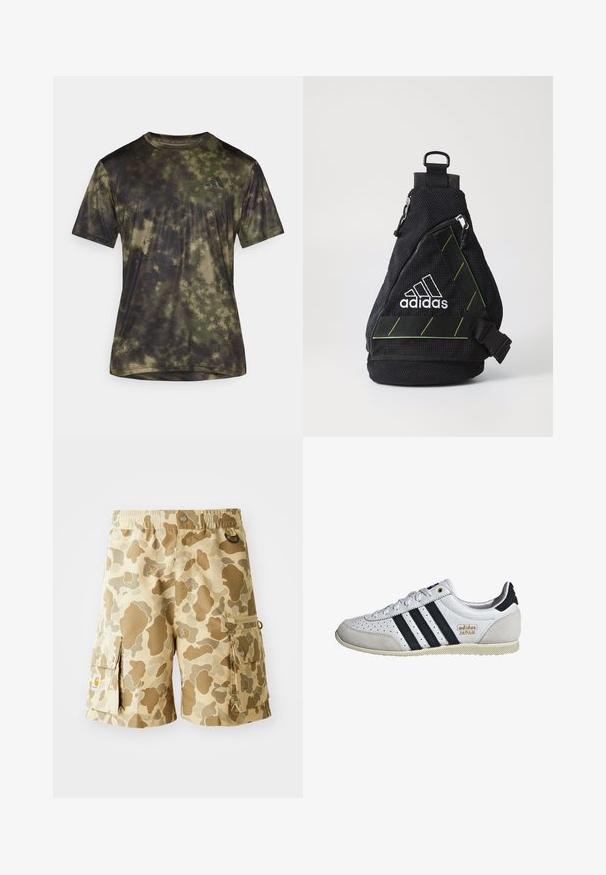 adidas Performance SEA TEE - Sport T-shirt - olive strata; Khaki cargoshorts met een camouflagepatroon in tinten bruin. Voorzien van een elastische tailleband, zijzakken en stoffen lussen.; Witte sneaker met zwarte strepen en gouden branding. Bevat suède en leren materialen, geperforeerde bovenkant en een getextureerde rubberen zool.; Zwarte stoffen schoudertas met een gestructureerd oppervlak, wit logo, groene accenten, verstelbare schouderriem en een voorvak met rits. Compacte en driehoekige vorm.