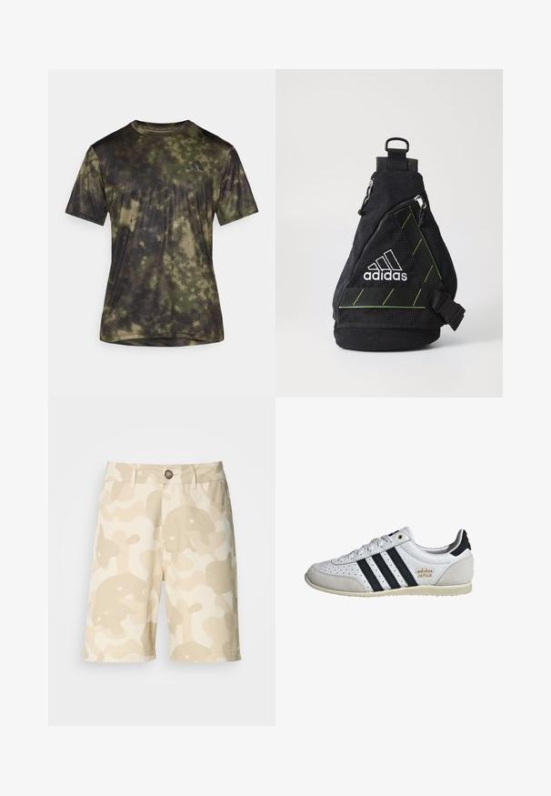 adidas Performance SEA TEE - Sportska majica - olive strata; Bež šortse s kremasto kamuflažnim uzorkom, s kopčanjem na dugme, petljama za pojas i džepovima. Izrađeni od materijala s glatkom teksturom.; Bijela tenisica s crnim prugama i zlatnim brendom. Ima od suede i kože, perforirani gornji dio i teksturiranu gumu kao potplat.; Crna torba za rame od tkanine s teksturiranim površinom, bijelim logotipom, zelenim detaljima, podesivim remenom i prednjim džepom na zip. Kompaktna i trokutasta forma.
