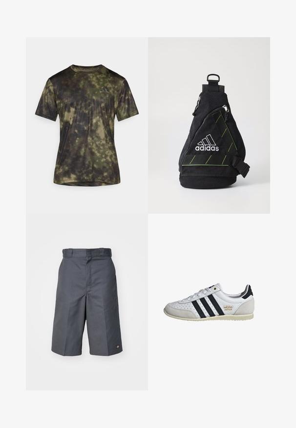 adidas Performance SEA TEE - Sporta krekli - olive strata; Pelēki šorti, izgatavoti no izturīga auduma, ar taisnu griezumu, divām sānu kabatām un mazu logotipu aizmugures kabatā.; Balti sporta apavi ar melnām svītrām un zelta zīmolu. Izgatavoti no zamšādas un ādas, ar perforētu augšdaļu un teksturētu gumijas zoli.; Melns auduma plecu soma ar teksturētu virsmu, balto logo, zaļiem akcentiem, regulējamu siksnu un priekšējo kabatu ar rāvējslēdzēju. Kompakta un trīsstūrveida forma.
