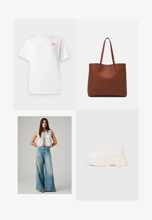 Fehér, rövid ujjas, pamut póló kerek nyakkivágással, a bal mellet kis rózsaszín virágmintával díszítve.; Egy nő ujjatlan, fehér virágmintás mellényben van, amelyet magas derekú, bő szárú, elhalványult kék farmerrel és barna cipővel párosítva visel, a kezeit a háta mögé téve áll.; Fehér vászon sportcipő vastag talppal, lekerekített orral és öt fűzőlyukkal. Hátulján egy fül a könnyű felvétel érdekében. Simára kidolgozott textúra, minimális dizájn.; Barna bőr vászontáska sima textúrával, nyitott tetejű dizájnnal és két vállpánttal. Minimális varrással és látható hardver nélkül készült.