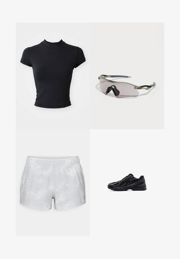 Čierny krátky top s hladkým, elastickým materiálom, s vysokým golierom a krátkymi rukávmi, s čistým švom a priliehavým strihom.; New Balance PRINTED SHORT - Športové šortky - grey matter; Čierne športové topánky s vrchnou časťou z mäkkej textílie a syntetických prekrytí, s textúrovanou podrážkou a reflexnými detailmi pre lepšiu viditeľnosť.; Slnko okuliare s priesvitným šedým rámom, tónovanými šošovkami a ostrým dizajnom. Majú charakteristický nosník a štruktúrované tmavosivé bočné ramená.