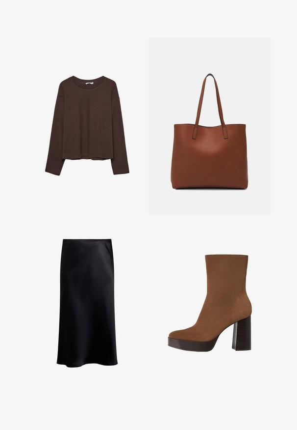 Brauner Pullover mit lockerer Passform, geripptem Kragen und langen Ärmeln. Glatte Textur mit abgerundetem Saum und ohne sichtbare Muster oder Akzente.; Schwarzer Satin-Midirock mit glatter Textur, A-Linien-Silhouette und subtilem Glanz. Verfügt über einen Taillenbund und ein knöchellanges Design.; Braunes Wildleder-Ankle Boot mit runder Spitze, klobigem schwarz gestreiften Absatz und glatter Oberfläche. Besitzt ein enganliegendes Design ohne sichtbare Beschläge.; Braune Leder-Tote mit glatter Textur, offenem Oberteil und zwei Schulterriemen. Verfügt über minimale Nähte und keine sichtbaren Beschläge.
