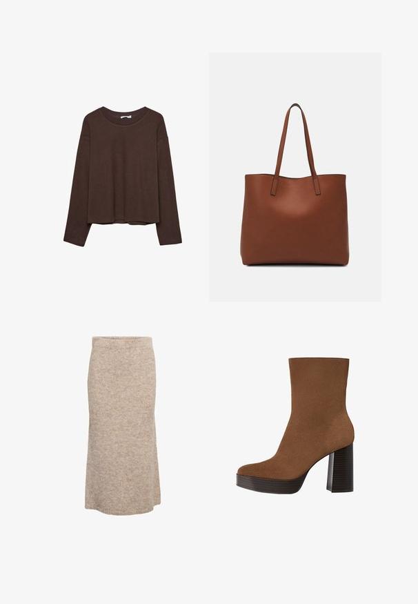 Maglione marrone con una vestibilità rilassata, colletto a coste e maniche lunghe. Tessuto liscio con orlo arrotondato e senza motivi o accenti visibili.; Gonna midi in lana beige con una texture morbida, vita elastica e silhouette dritta, caratterizzata da un sottile motivo melangiato.; Stivale alla caviglia in suede marrone con punta arrotondata, tacco spesso a strisce nere e superficie liscia. Caratterizzato da un design aderente senza hardware visibile.; Borsa tote in pelle marrone con texture liscia, design con apertura superiore e due spallacci. Presenta cuciture minime e nessun hardware visibile.