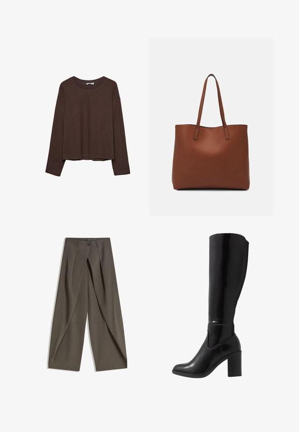 Smeđi pulover s ležernim krojem, rebrastim izrezom i dugim rukavima. Glatka tekstura s zaobljenim rubom i bez vidljivih uzoraka ili akcenata.; Hlače širokog kroja izrađene od teksturirane tamnosive tkanine. Imaju prednji plis, kopčanje na gumb i bočne džepove za praktičnost.; Crne čizme sa visokom potkoljenicom, sjajne, s potpeticom, okruglim prstom, glatkom teksturom, bočnim izrezom i debelim složenim potpeticama.; Smeđa kožna torba preko ramena s glatkom teksturom, otvorenim vrhom i dvjema naramenicama. Ima minimalne šavove i nema vidljivog hardvera.