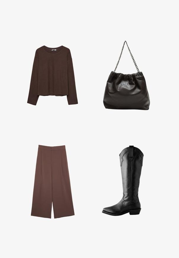 Brauner Pullover mit lockerer Passform, geripptem Kragen und langen Ärmeln. Glatte Textur mit abgerundetem Saum und ohne sichtbare Muster oder Akzente.; Braune Weite-Leg-Hosen mit einer glatten Textur, hoher Taille und Vorderfalten. Der Stoff ist leicht und fällt locker.; Schwarze Leder-Stiefel bis zum Knie mit spitzen Zehen, dekorativer Stickerei, einem Ziehgriff an der Oberseite und einem gestapelten Absatz. Glatte Textur.; Braune Lederhandtasche mit gerafftem Oberteil und Kettenriemen. Glatte Textur mit glänzendem Finish und subtilen Nahtdetails an den Seiten.