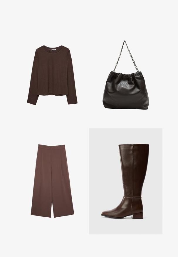 Brun tröja med avslappnad passform, ribbad halsringning och långa ärmar. Slät textur med rundad nederkant och inga synliga mönster eller accenter.; Bruna vida byxor med en slät textur, som har hög midja och framfickor. Tyget är lätt och flödar löst.; Höga mörkbruna läderstövlar med låg klack och slät yta, visade från sidan på en vit bakgrund.; Brun läderväska med rynkad topp och kedjesnodd. Slät textur med en blankslipad yta och subtila sömdetaljer på sidorna.